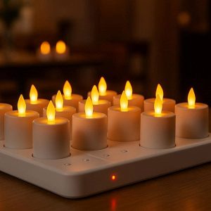 2 Rechargeable LED Tea Lights Set Cordless Amber Flickering Flameless Candles Charging Base Station for Restaurant SPA