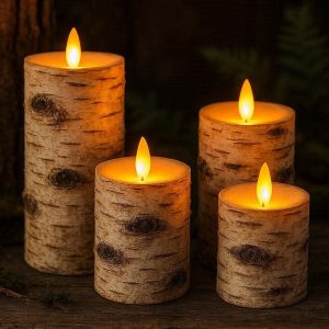 7 Realistic Birch Bark LED Candles Flickering Flameless Pillar Lights Rustic Forest Woodland Decor Lamp for Cabin